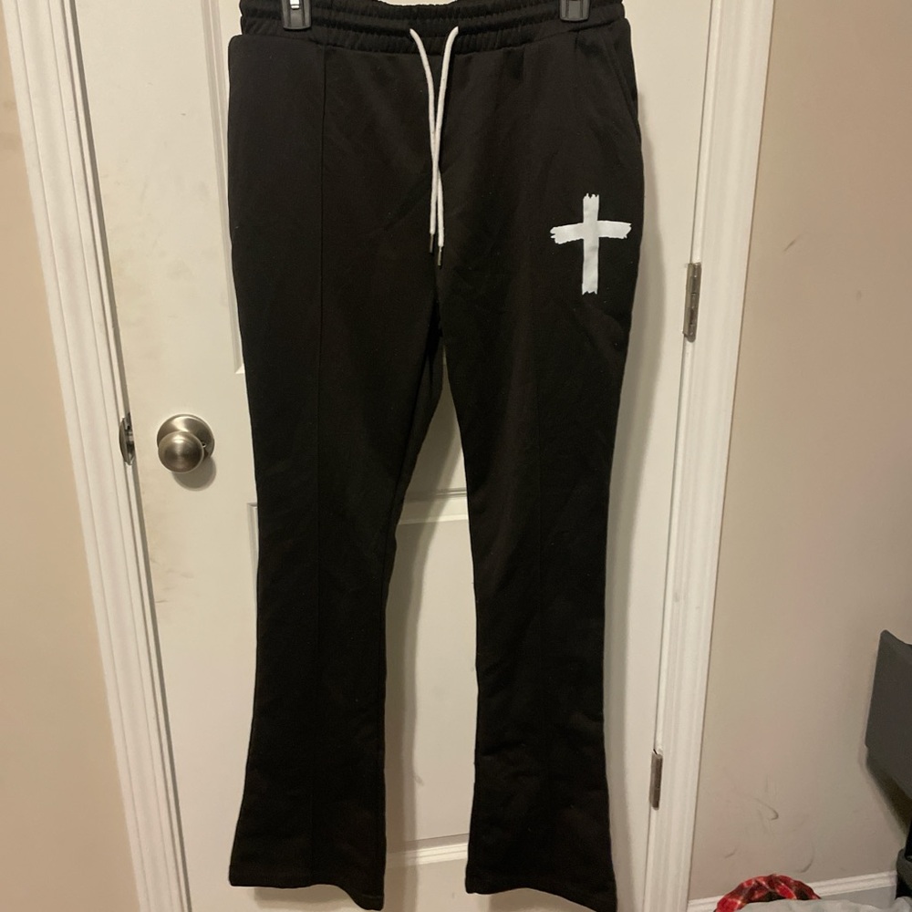 Black Drawstring Pants with White Cross